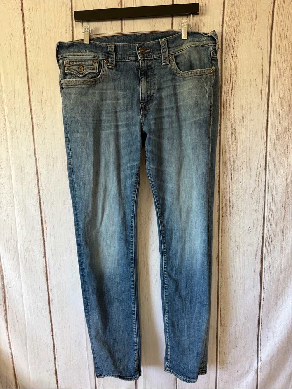 True Religion Geno Relaxed Slim Jeans Blue Wash Flap Pocket Mens